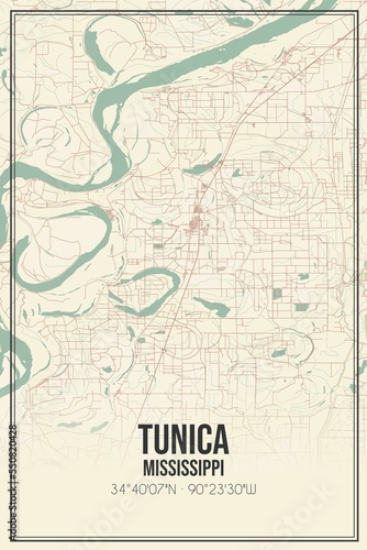 Retro US city map of Tunica  Mississippi. Vintage street map.