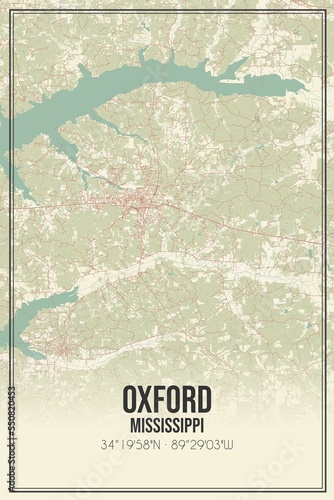 Retro US city map of Oxford, Mississippi. Vintage street map.