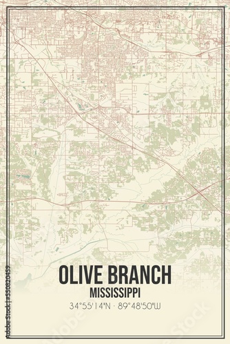 Retro US city map of Olive Branch  Mississippi. Vintage street map.