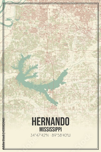 Retro US city map of Hernando, Mississippi. Vintage street map. photo