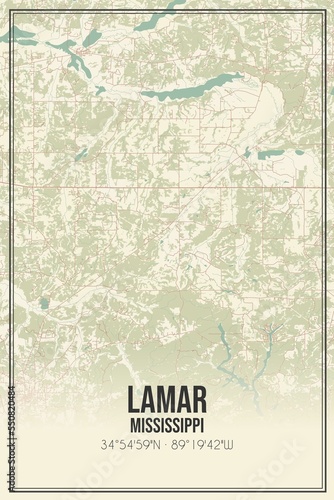 Fototapeta Naklejka Na Ścianę i Meble -  Retro US city map of Lamar, Mississippi. Vintage street map.