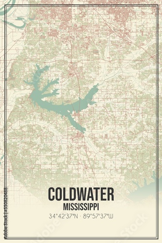 Retro US city map of Coldwater  Mississippi. Vintage street map.