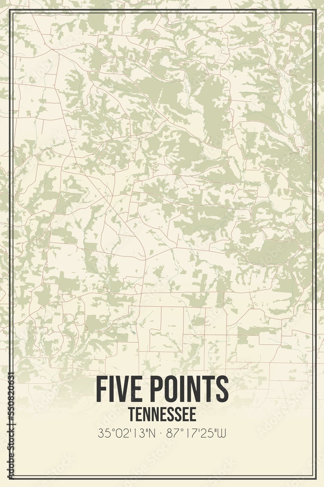Fototapeta premium Retro US city map of Five Points, Tennessee. Vintage street map.
