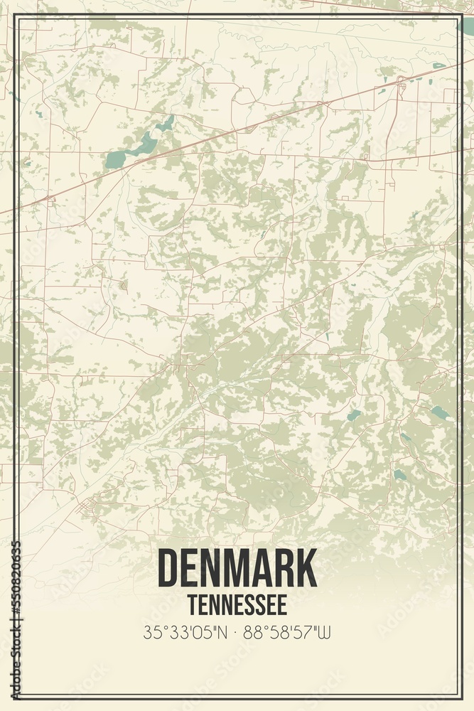 Retro US city map of Denmark, Tennessee. Vintage street map.
