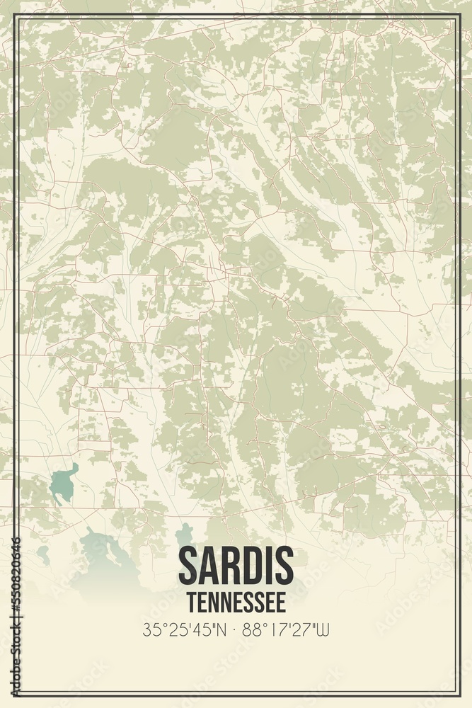 Retro US city map of Sardis, Tennessee. Vintage street map.