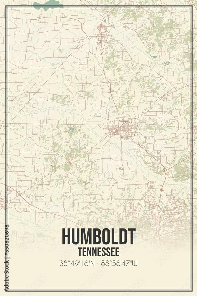 Retro US city map of Humboldt, Tennessee. Vintage street map.