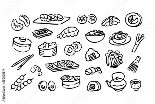 Hand drawn rough simple Japanese cuisine food sketches.
