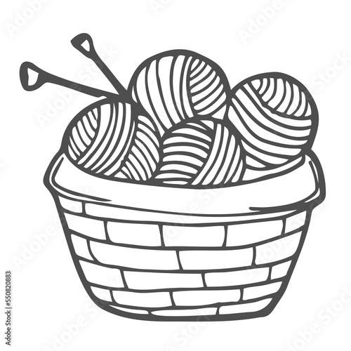 Vector illustration of balls of yarn in knitting basket. Can be used as a sticker, icon, logo, design template, coloring page