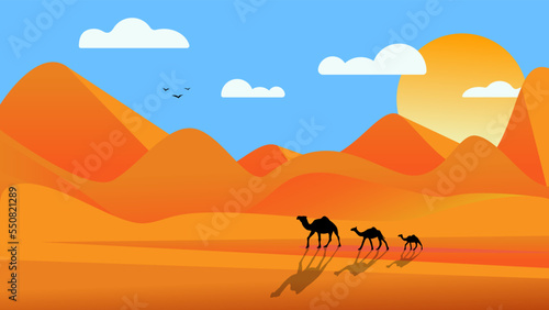color illustration with walking camels against the backdrop of sandy mountains in the desert