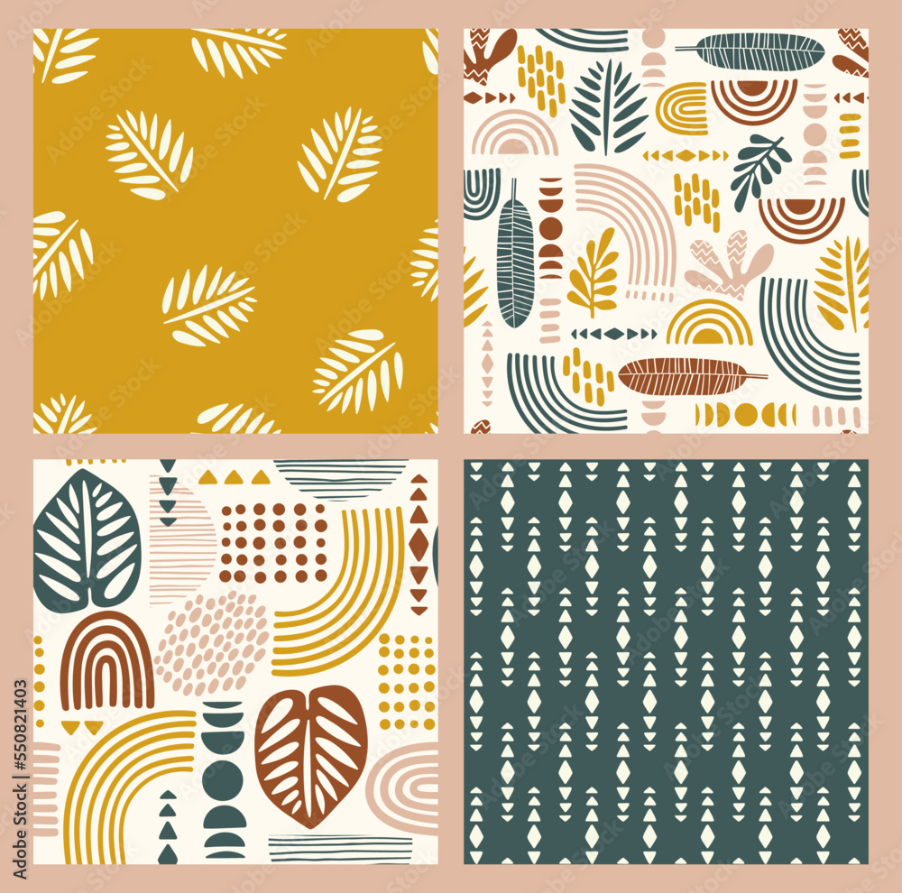 Artistic seamless patterns with abstract leaves and geometric shapes. Modern vector design