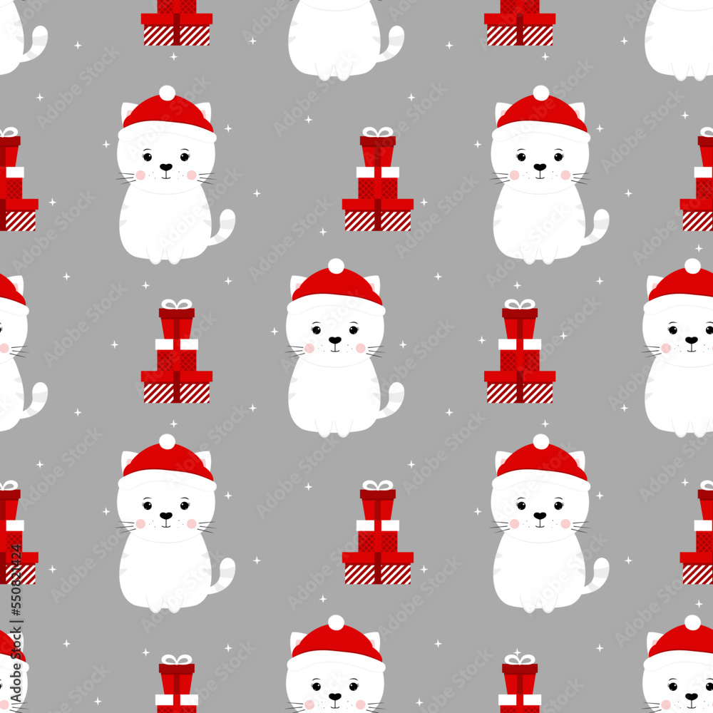 Cute cats with red hat. Christmas seamless pattern with gifts and cats