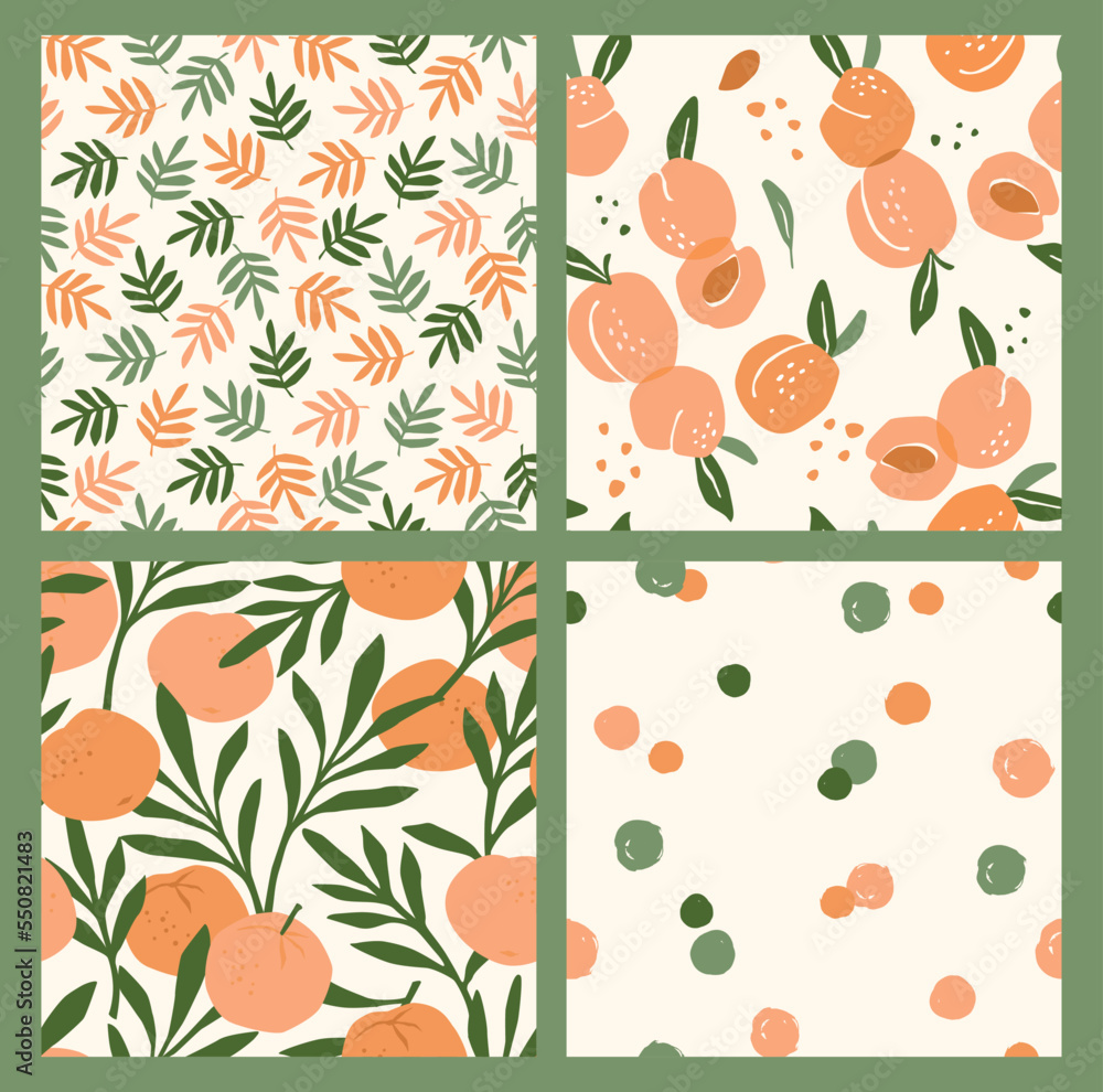 Abstract collection of seamless patterns with apricots and oranges.
