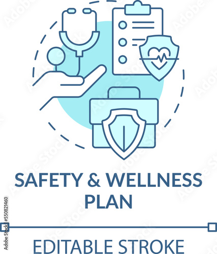 Safety and wellness plan turquoise concept icon. Avoiding employee injuries tip abstract idea thin line illustration. Isolated outline drawing. Editable stroke. Arial, Myriad Pro-Bold fonts used