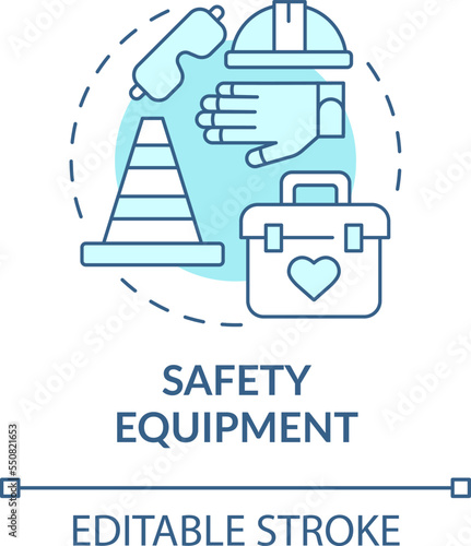 Safety equipment turquoise concept icon. Staff health. Avoiding job injuries tip abstract idea thin line illustration. Isolated outline drawing. Editable stroke. Arial, Myriad Pro-Bold fonts used