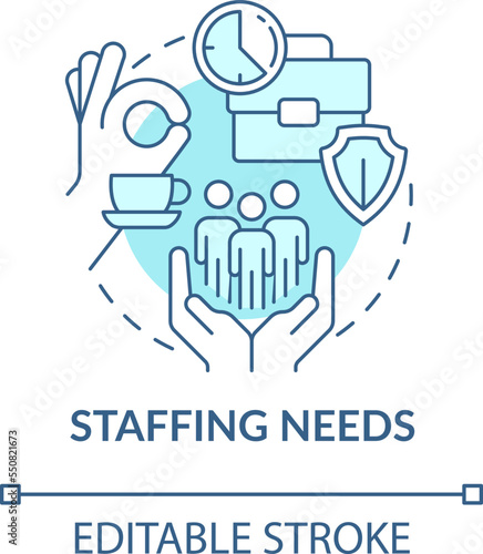 Staffing needs turquoise concept icon. Rest breaks. Avoiding workplace injuries tip abstract idea thin line illustration. Isolated outline drawing. Editable stroke. Arial, Myriad Pro-Bold fonts used