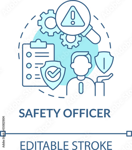 Safety officer turquoise concept icon. Security check. Avoiding worker injuries tip abstract idea thin line illustration. Isolated outline drawing. Editable stroke. Arial, Myriad Pro-Bold fonts used