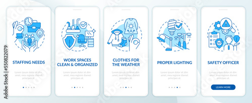 Avoiding occupational injuries tips blue onboarding mobile app screen. Walkthrough 5 steps editable graphic instructions with linear concepts. UI, UX, GUI template. Myriad Pro-Bold, Regular fonts used