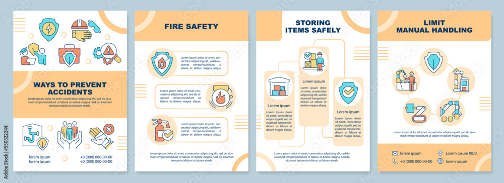 Ways to prevent accidents brochure template. Safe work area. Leaflet design with linear icons. Editable 4 vector layouts for presentation, annual reports. Arial-Black, Myriad Pro-Regular fonts used