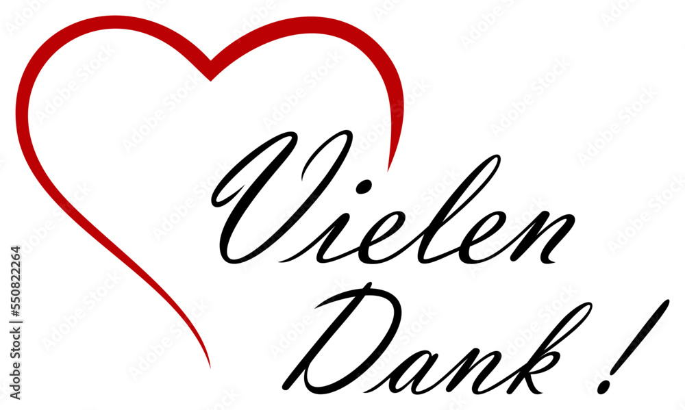 Fototapeta premium Vielen Dank Vektor Schriftzug mit roten Herz. Kalligrafischer Gruß in schwarz. Weißer Hintergrund. Für Hintergründe, Kalender, Einladungen, Grußkarten etc.
