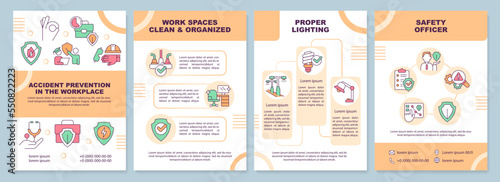Accident prevention in workplace brochure template. Leaflet design with linear icons. Editable 4 vector layouts for presentation, annual reports. Arial-Black, Myriad Pro-Regular fonts used