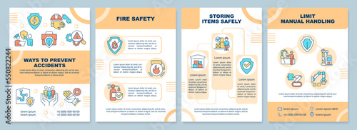 Ways to prevent accidents brochure template. Safe work area. Leaflet design with linear icons. Editable 4 vector layouts for presentation, annual reports. Arial-Black, Myriad Pro-Regular fonts used