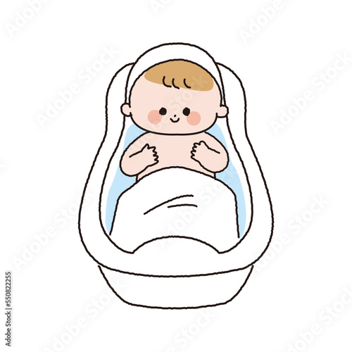 正面から見た沐浴している赤ちゃんのカラー線画