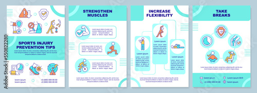 Sports injury prevention tips blue brochure template. Leaflet design with linear icons. Editable 4 vector layouts for presentation, annual reports. Arial-Black, Myriad Pro-Regular fonts used