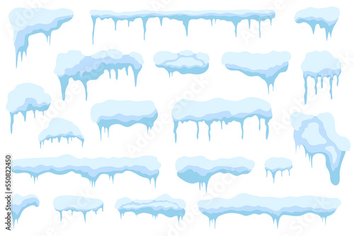 Snow caps and snowdrifts isolated on blue background. Set of white snow caps with icicles and piles with icy texture