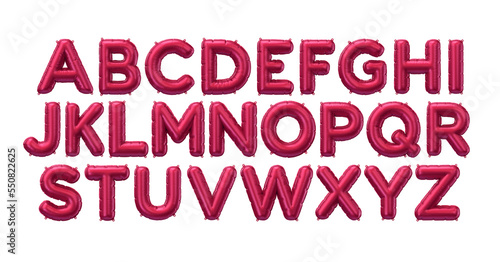 Alphabet. 3D Render of magenta colored inflatable foil balloon letters. Party decoration element. Black Friday, shopping. Pink sign isolated on white background. Graphic element for web design