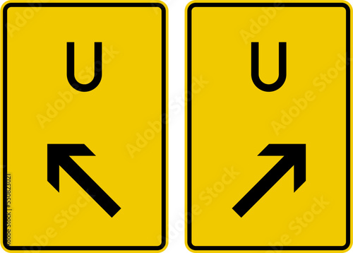 Arrange in the appropriate lane for the detour ahead.
1. Arrange in the left lane.
2. Arrange in the right lane. , Detour Signs, road signs Germany