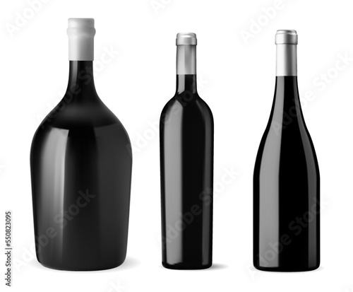 Red wine bottle blank, isolated vector mockup. Closeup illustration of different shape cabernet, merlot, rose alcohol beverage bottles. Luxury vintage product. Unopened, dark glass elegant design