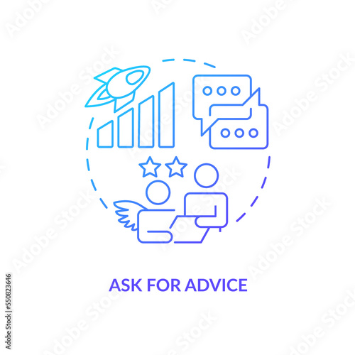 Ask for advice blue gradient concept icon. Building connections with angel investors. Consulting abstract idea thin line illustration. Isolated outline drawing. Myriad Pro-Bold font used