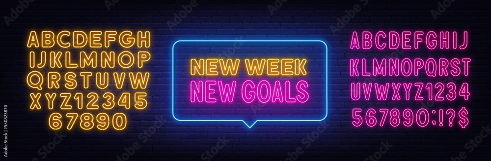 New Week New Goals neon quote on brick wall background. New Week New Goals neon quote on brick wall background.
