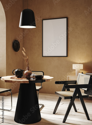Photographie Frame mockup in contemporary nomadic home interior background, 3d render