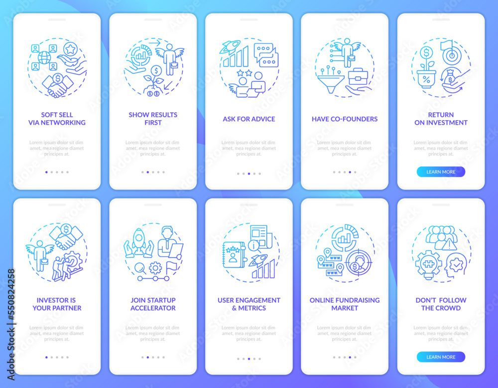 Engage investors onboarding blue gradient mobile app screen set. Walkthrough 5 steps editable graphic instructions with linear concepts. UI, UX, GUI template. Myriad Pro-Bold, Regular fonts used