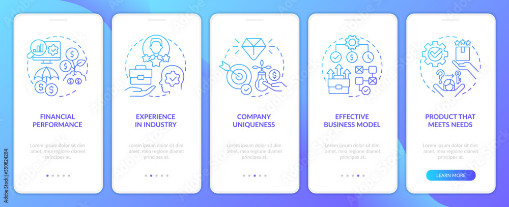 Involve investment onboarding blue gradient mobile app screen. Walkthrough 5 steps editable graphic instructions with linear concepts. UI, UX, GUI template. Myriad Pro-Bold, Regular fonts used