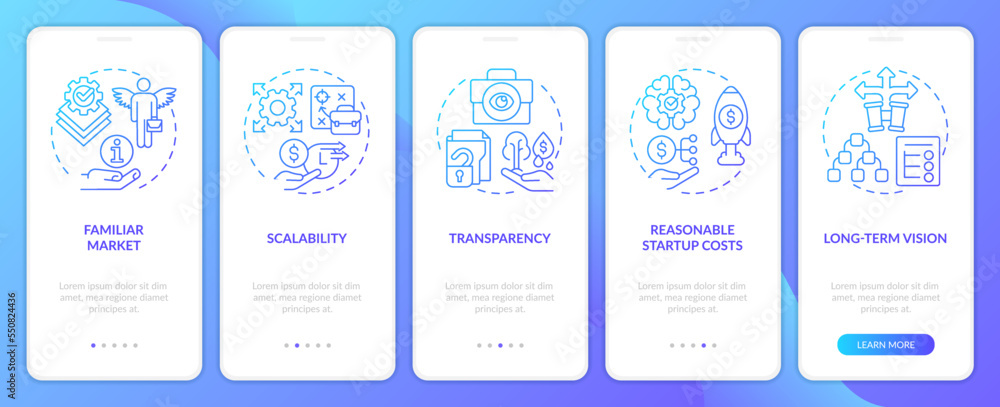 Attract investors factors onboarding blue gradient mobile app screen. Walkthrough 5 steps editable graphic instructions with linear concepts. UI, UX, GUI template. Myriad Pro-Bold, Regular fonts used