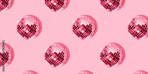 Obraz Seamless pattern with mirrored disco balls on a pink background. Image toned in the color of the year 2023