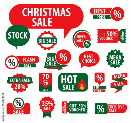 Sale and discounts on paper labels in green and red. Vector.