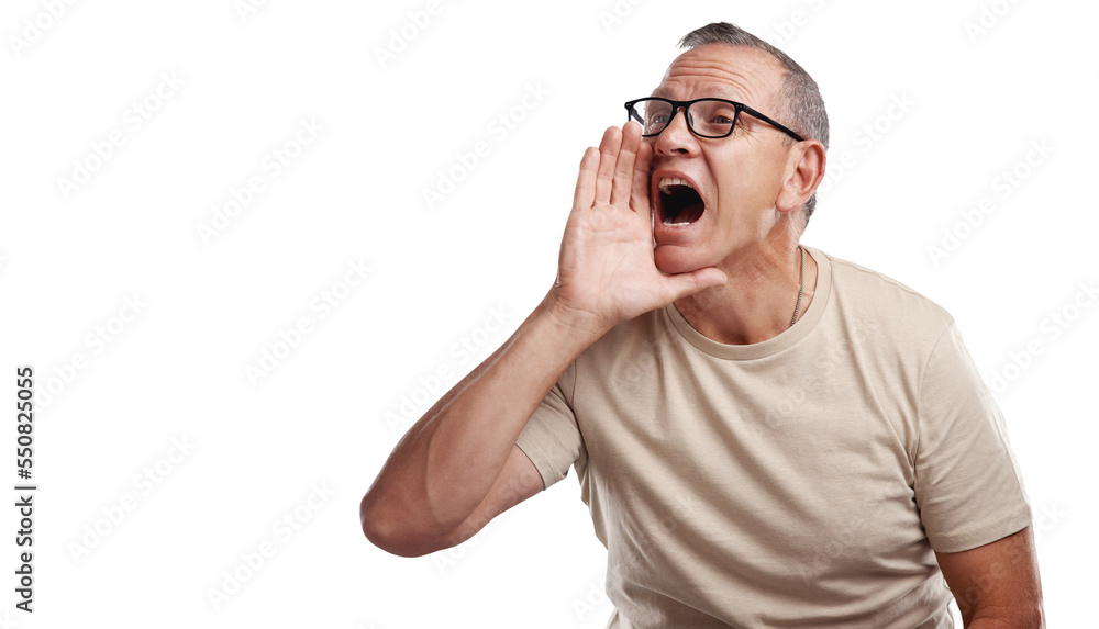 Fototapeta premium PNG shot of a handsome mature man standing alone against a grey background in the studio and shouting