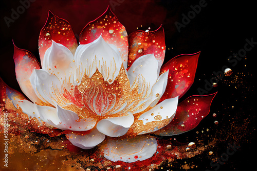 lotus marble texture with abstract red, white, glitter and gold background alcohol ink colors 
