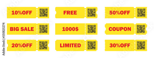Discount voucher templates. Yellow coupon mockups. Coupon ticket cards. Lottery coupons. Vector illustration
