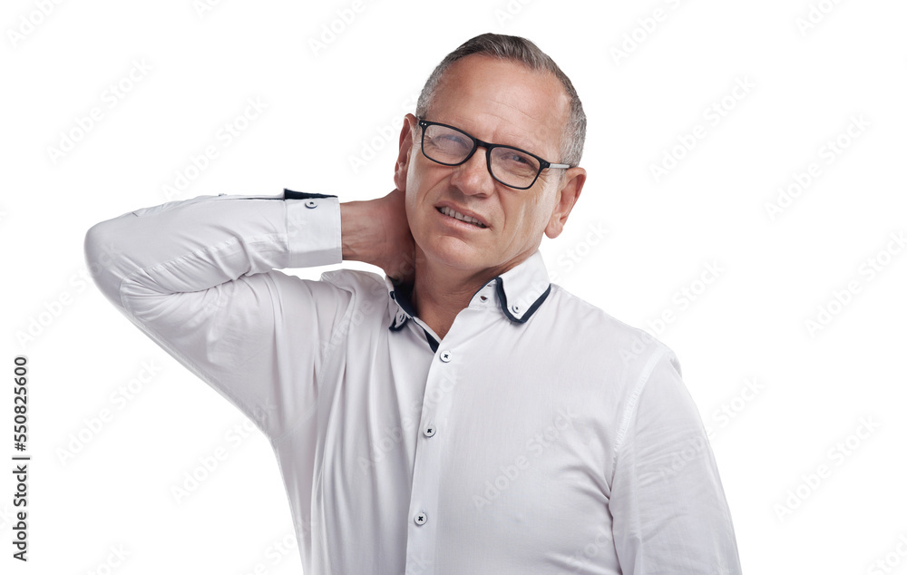 PNG shot of a handsome mature businessman standing alone against a grey background in the studio and suffering from neck ache
