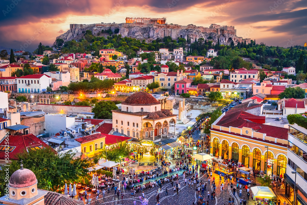 Athens Greece Monastiraki Square And Acropolis Sunset View Stock 