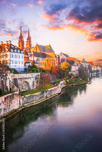 Basel  Switzerland. Beautiful city on Rhine River banks  Munster Cathedral.
