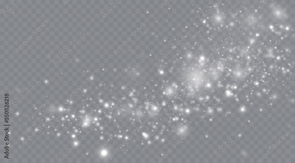 Particles of white magic dust. Shining light particles.Christmas glitter particles. Light effect on a transparent background