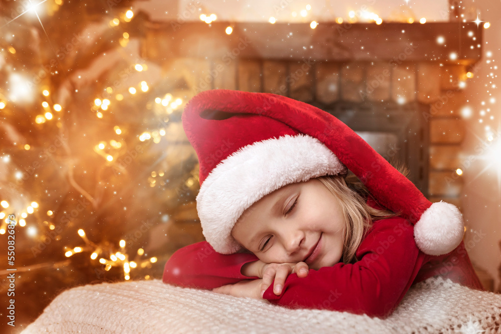 Christmas and New Year Holiday Coming. Christmas Child Sweet Little Girl Sleeping Waiting for Santa in Christmas Eve Christmas and New Year Holiday Coming. Christmas Child Sweet Little Girl Sleeping Waiting for Santa in Christmas Eve