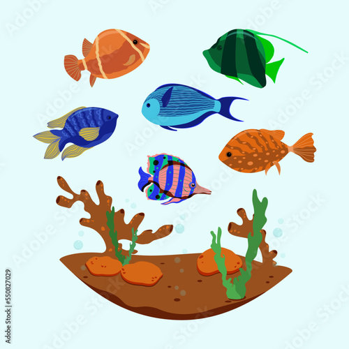 Colorful abstract fish, algaes, corales.  Vector illustration.