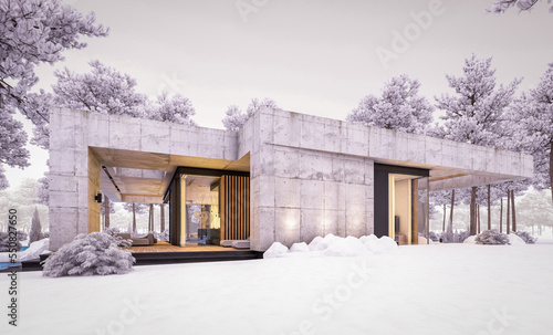 3d rendering of new concrete house in modern style with pool and parking for sale or rent and beautiful landscaping on background. One floor house. Cool winter evening with cozy light from windows © korisbo