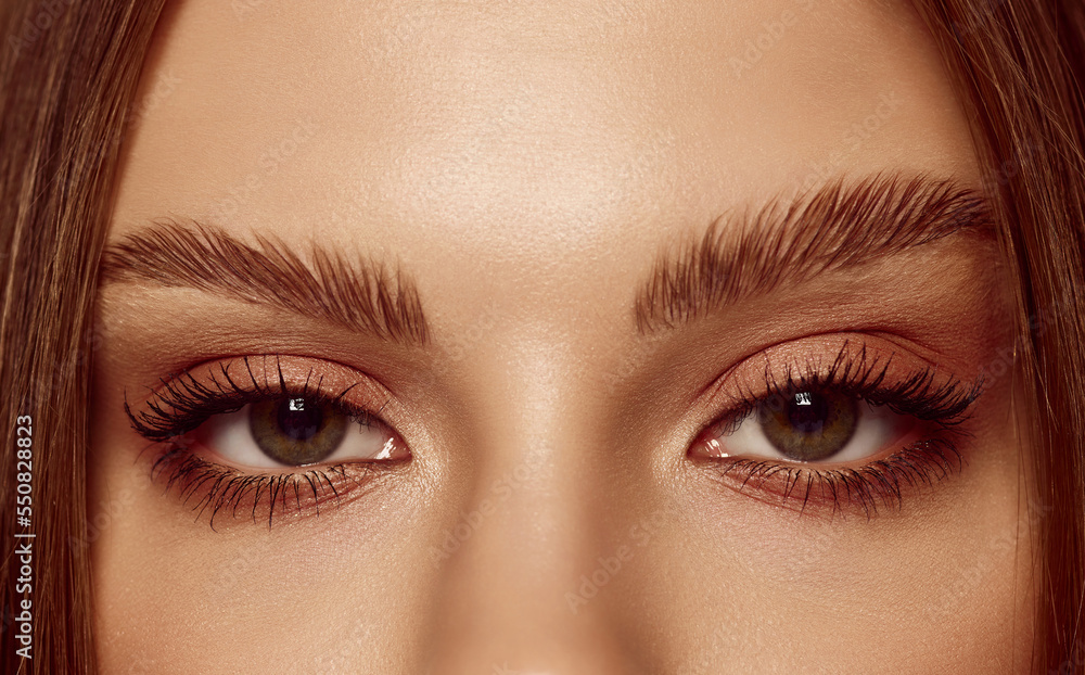 Fototapeta premium Look. Close up of beautiful brown female eyes. Perfect trendy eyebrow. Concept of vision, contact lenses, trendy eyebrow makeup concept.